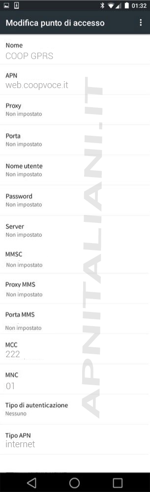 configurazione CoopVoce Android (default)