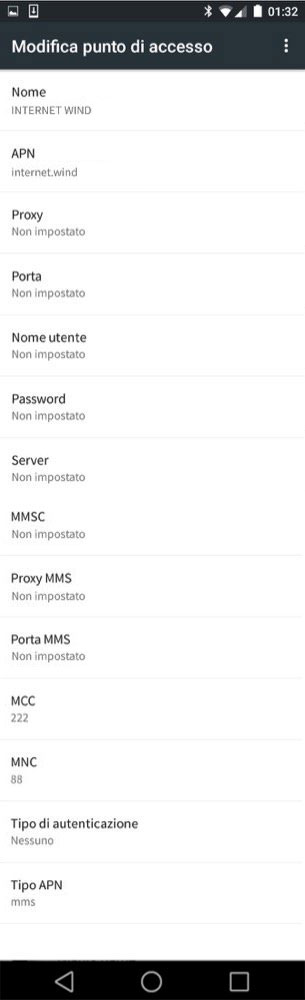 configurazione Wind Android 4 ICS