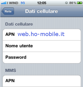 configurazione APN ho. Mobile Apple Iphone 4