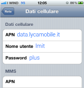 configurazione APN Lycamobile Apple Iphone 4