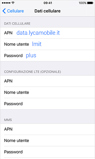 configurazione APN Lycamobile Apple Iphone 6 Plus